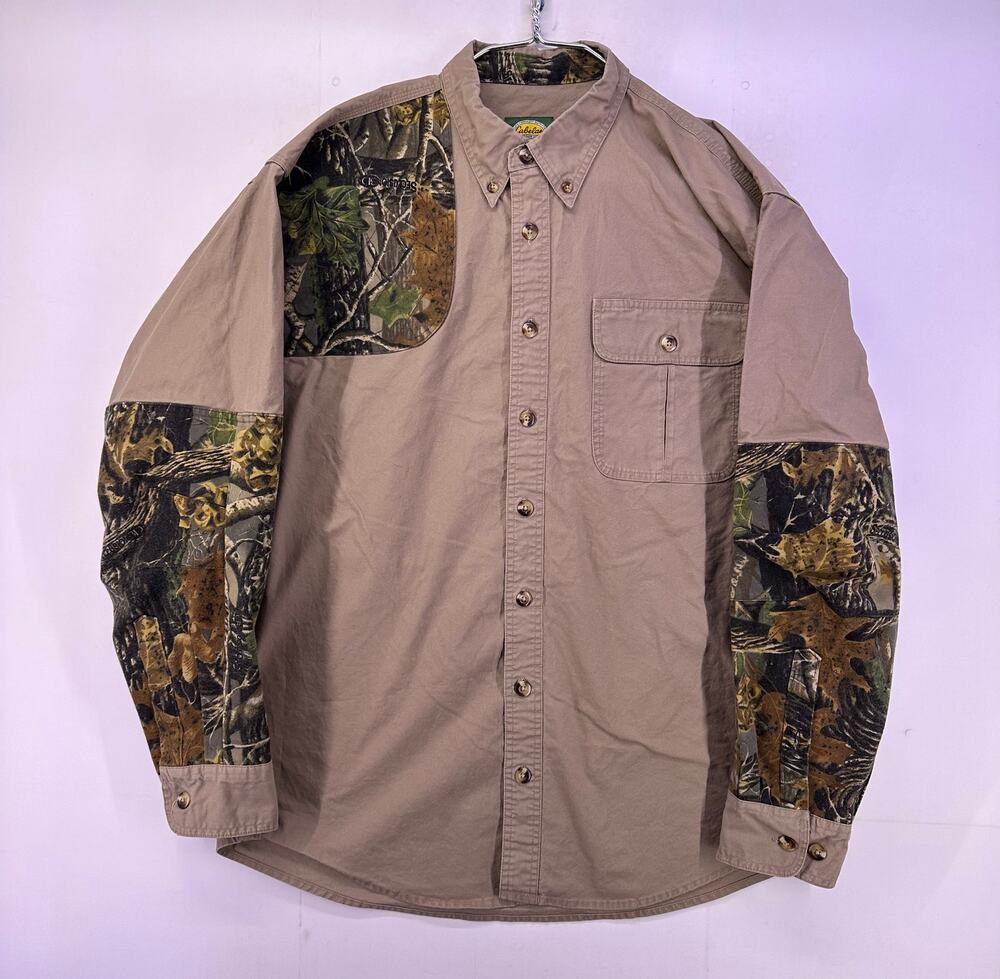Cabelas Light Brown with Real Tree Camo Button Down Size XL
